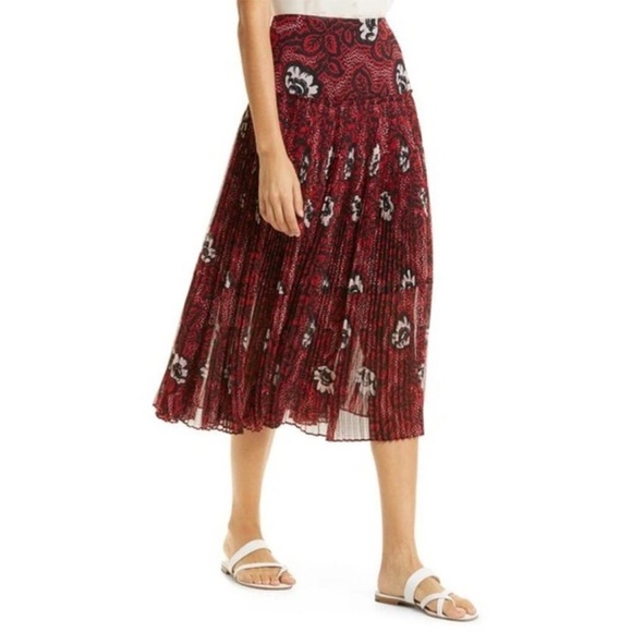 Ted Baker Ariello Pleated Dropped Waist Midi Skirt Lined Red Black Sz 2 US 6 - Picture 3 of 15